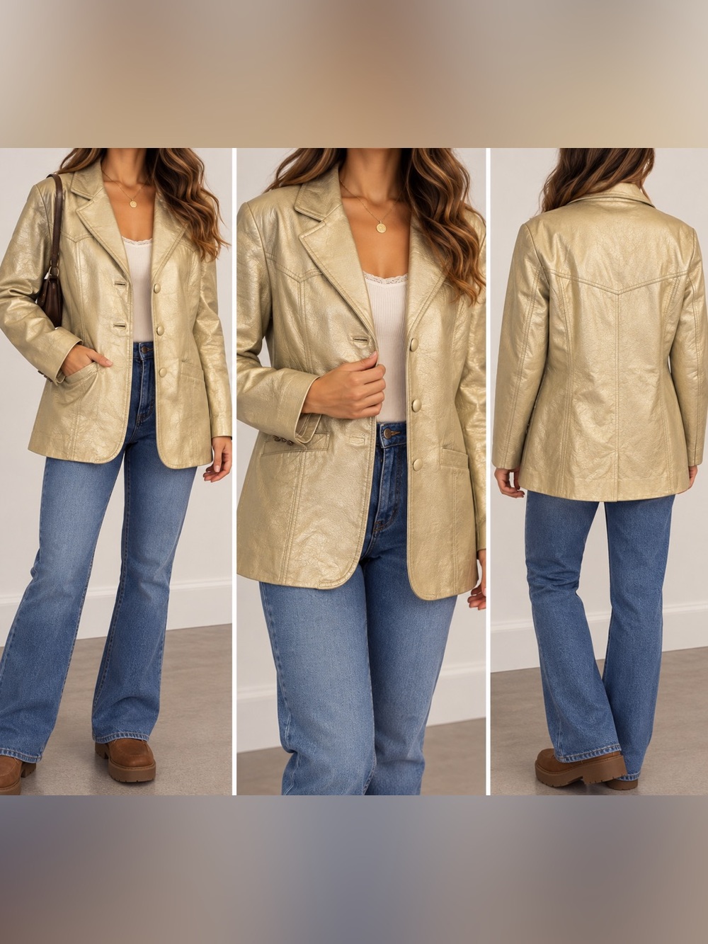 Mitroni Genuine Leather Metallic Gold Blazer Jacket